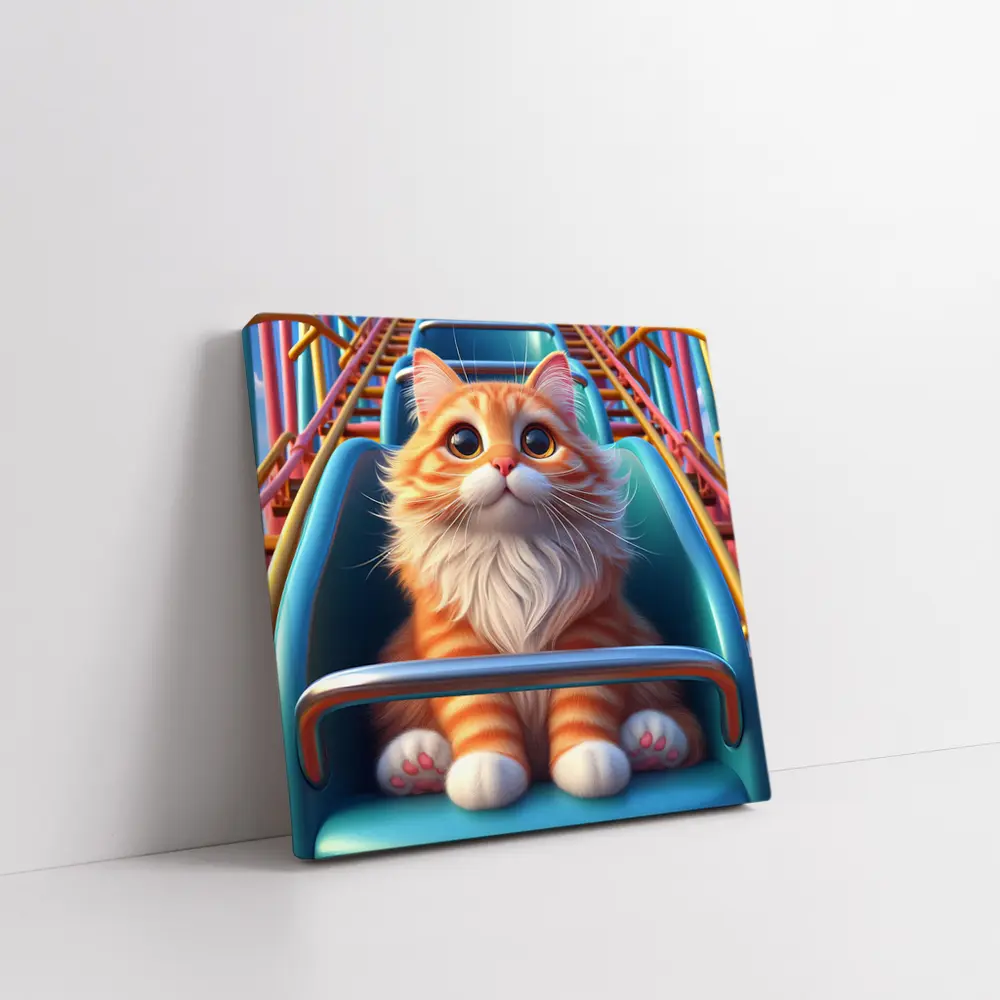 Orange Cat Riding Roller Coaster Cartoon Art – Wall Art