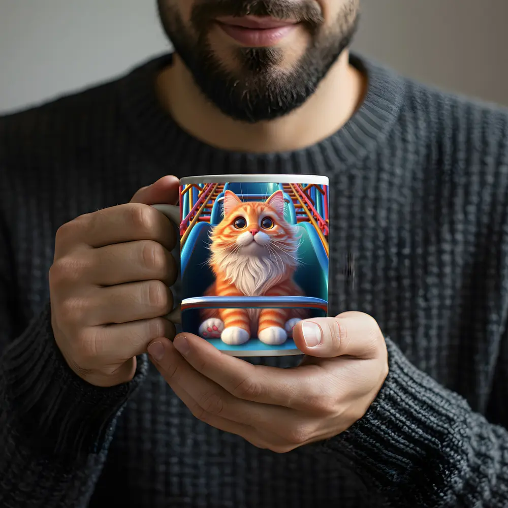 Orange Cat Riding Roller Coaster Cartoon Art – Mugs