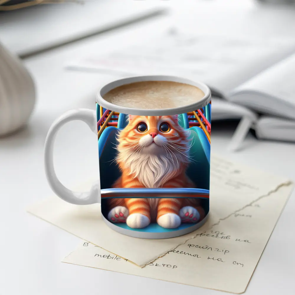 Orange Cat Riding Roller Coaster Cartoon Art – Mugs