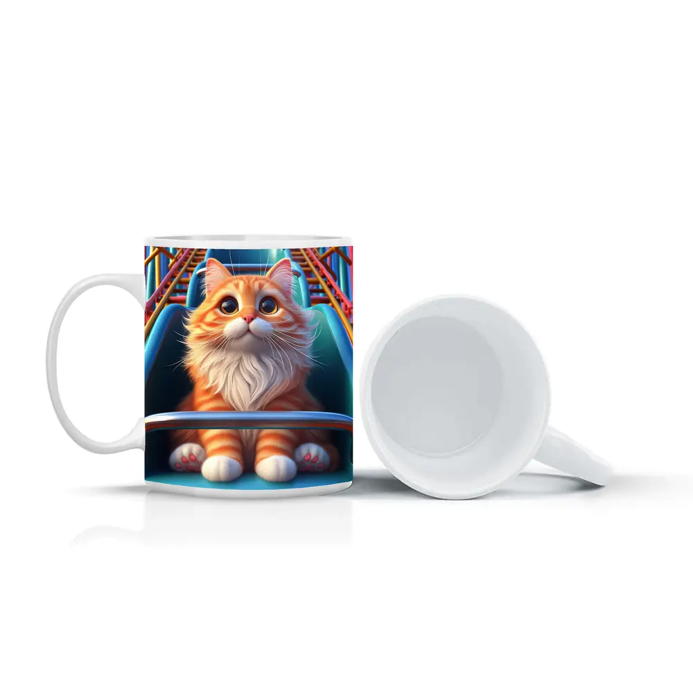 Orange Cat Riding Roller Coaster Cartoon Art – Mugs