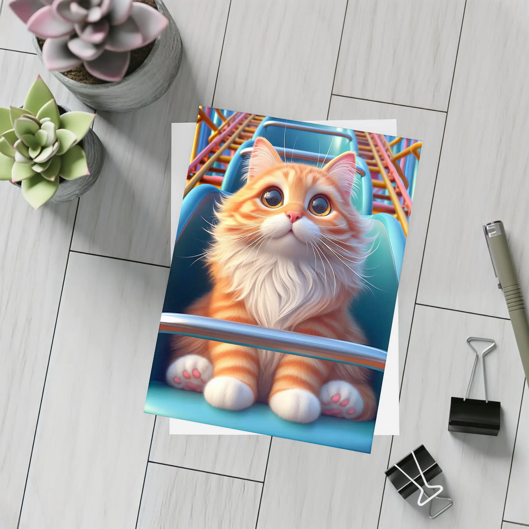 Orange Cat Riding Roller Coaster Cartoon Art – Postcards