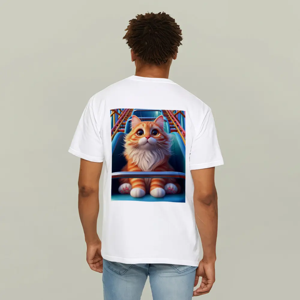 Orange Cat Riding Roller Coaster Cartoon Art – T-Shirts