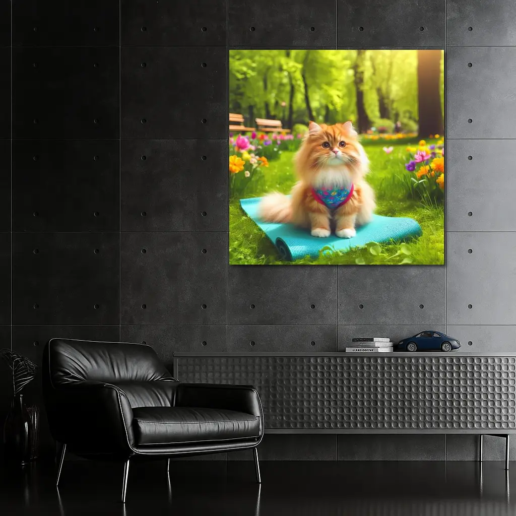 Fluffy Orange Cat on Yoga Mat Park – Wall Art
