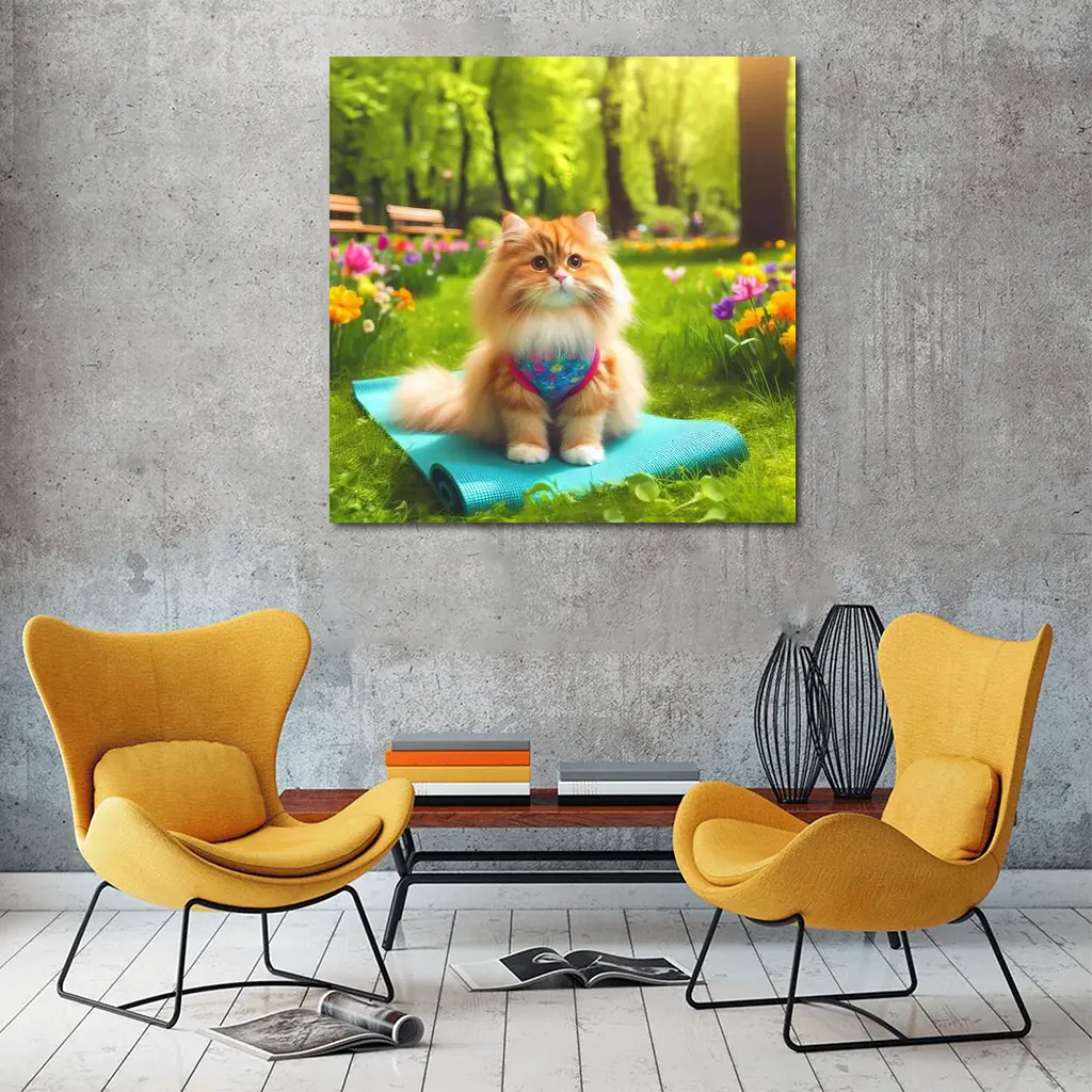 Fluffy Orange Cat on Yoga Mat Park – Wall Art