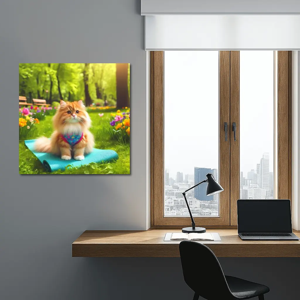 Fluffy Orange Cat on Yoga Mat Park – Wall Art