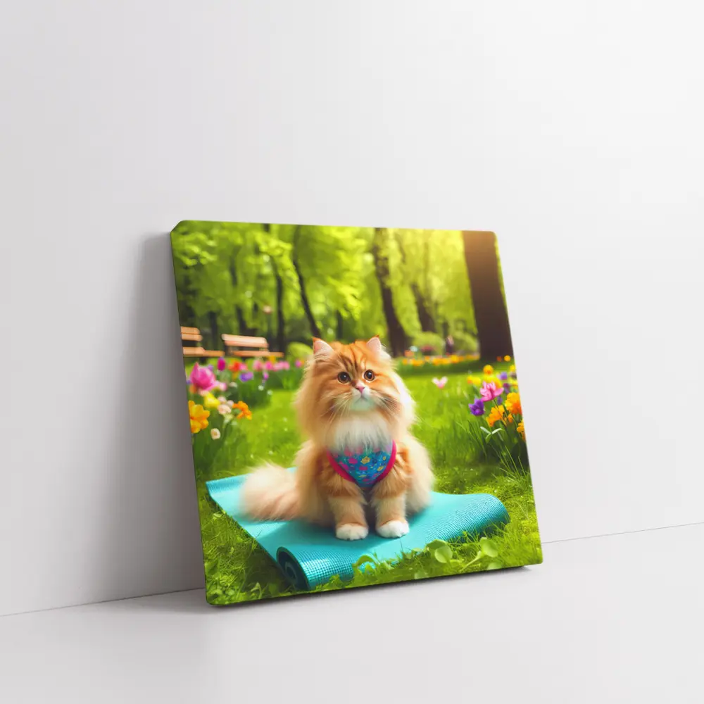 Fluffy Orange Cat on Yoga Mat Park – Wall Art