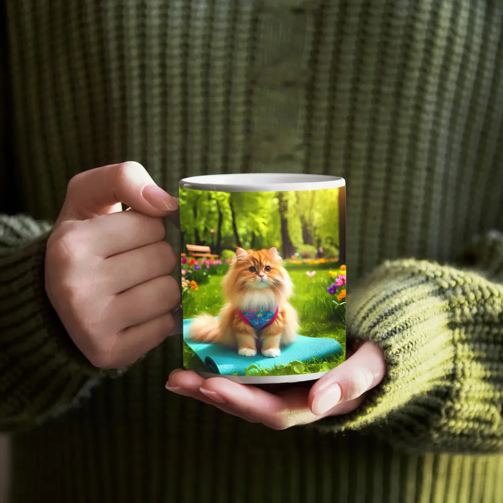 Fluffy Orange Cat on Yoga Mat Park – Mugs