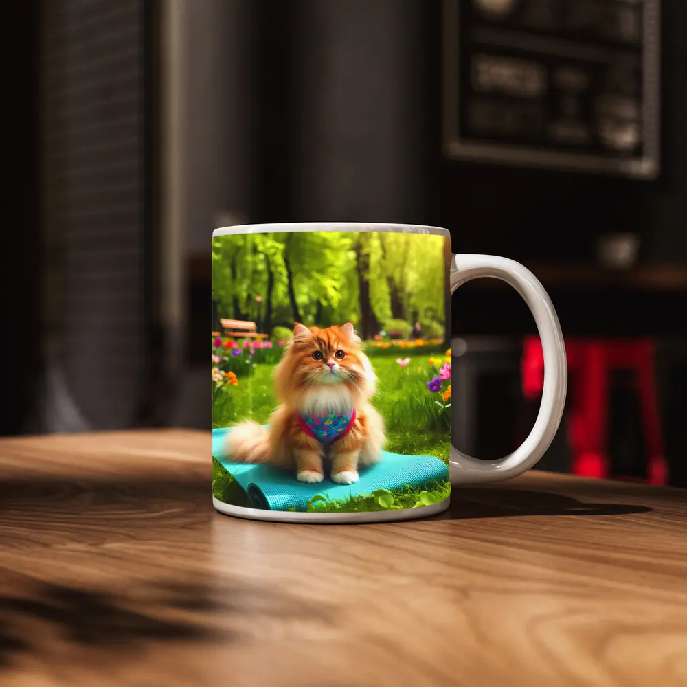 Fluffy Orange Cat on Yoga Mat Park – Mugs