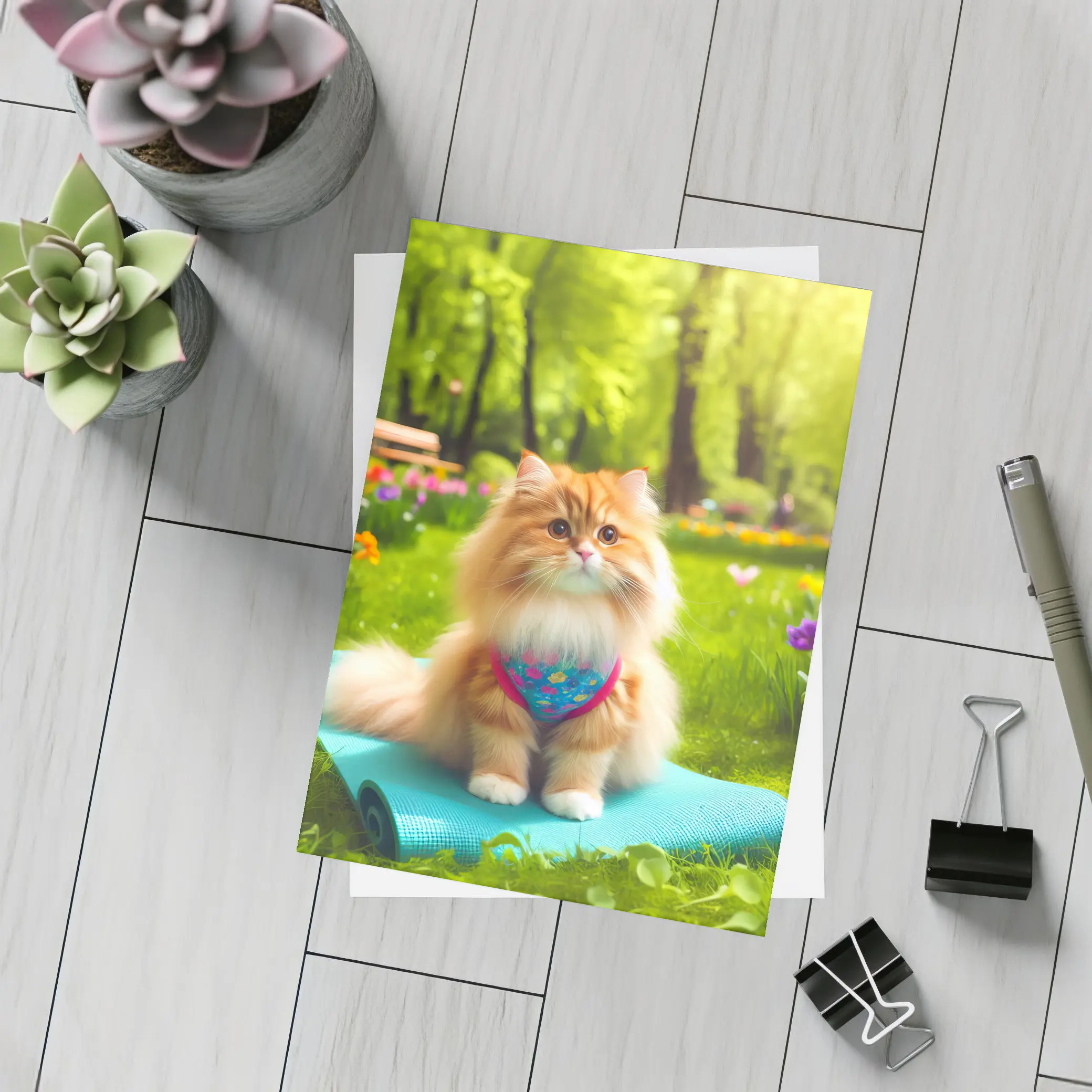 Fluffy Orange Cat on Yoga Mat Park – Postcards