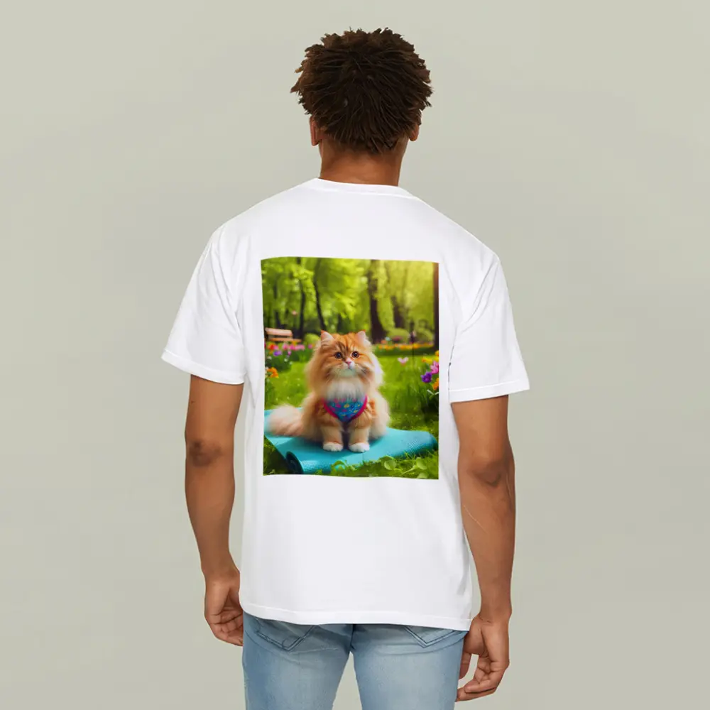 Fluffy Orange Cat on Yoga Mat Park – T-Shirts