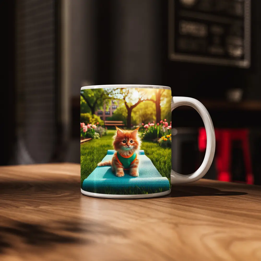 Orange Kitten on Yoga Mat Park – Mugs