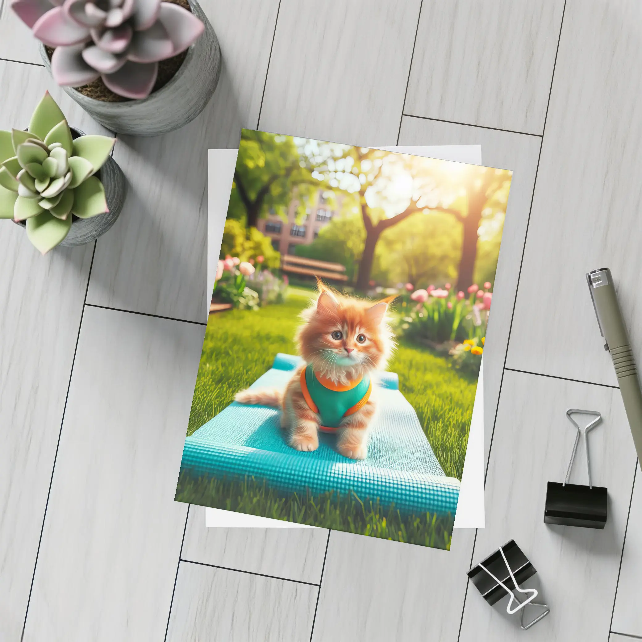 Orange Kitten on Yoga Mat Park – Postcards