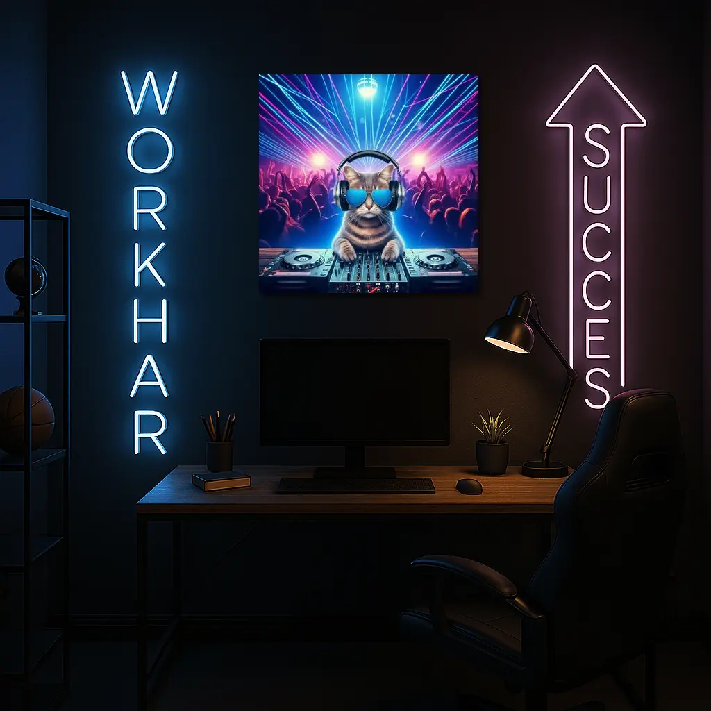 DJ Cat Spinning Decks Disco Party – Wall Art