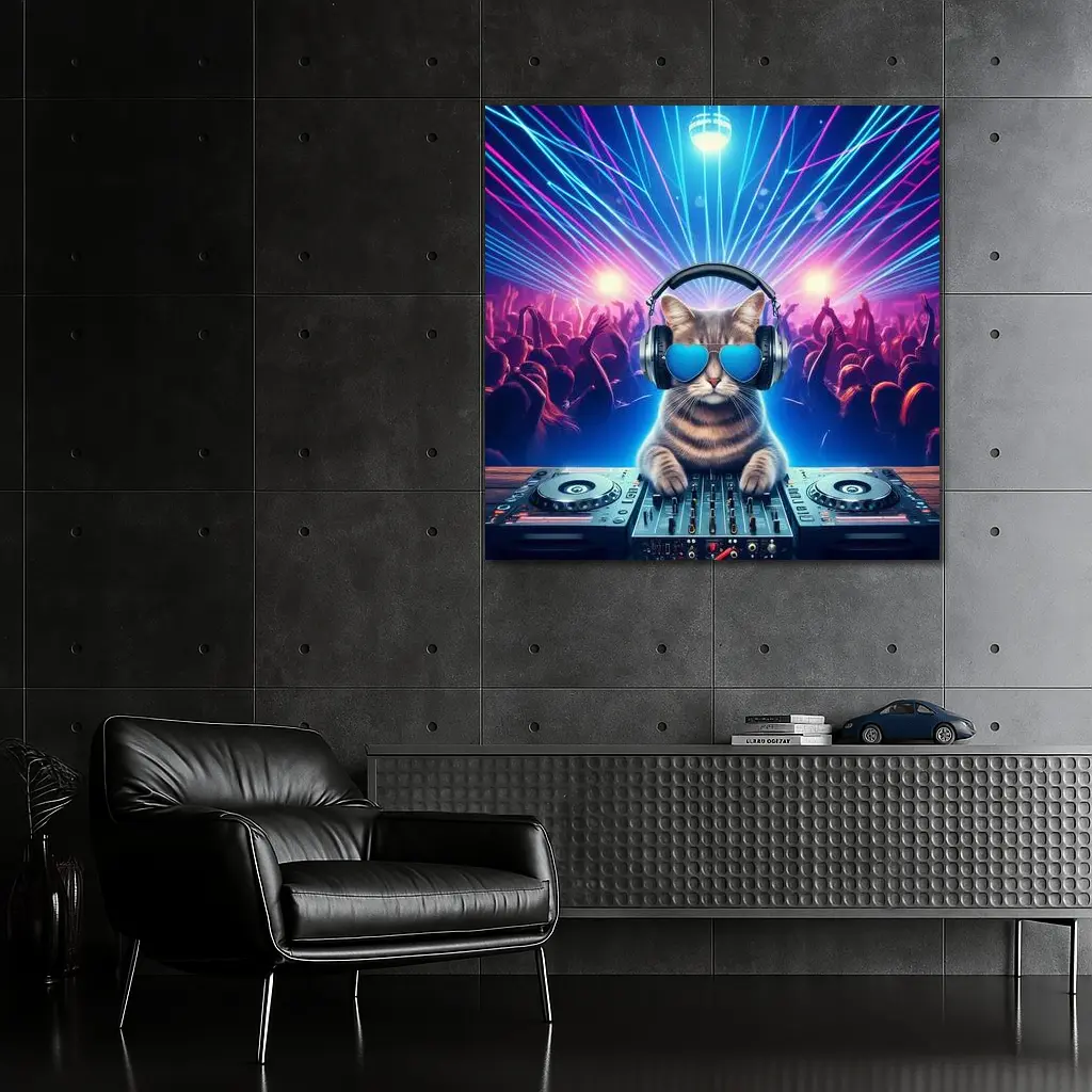 DJ Cat Spinning Decks Disco Party – Wall Art