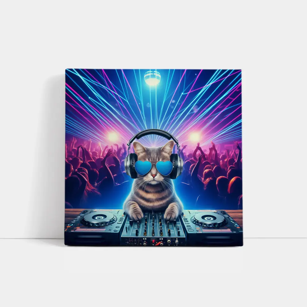 DJ Cat Spinning Decks Disco Party – Wall Art