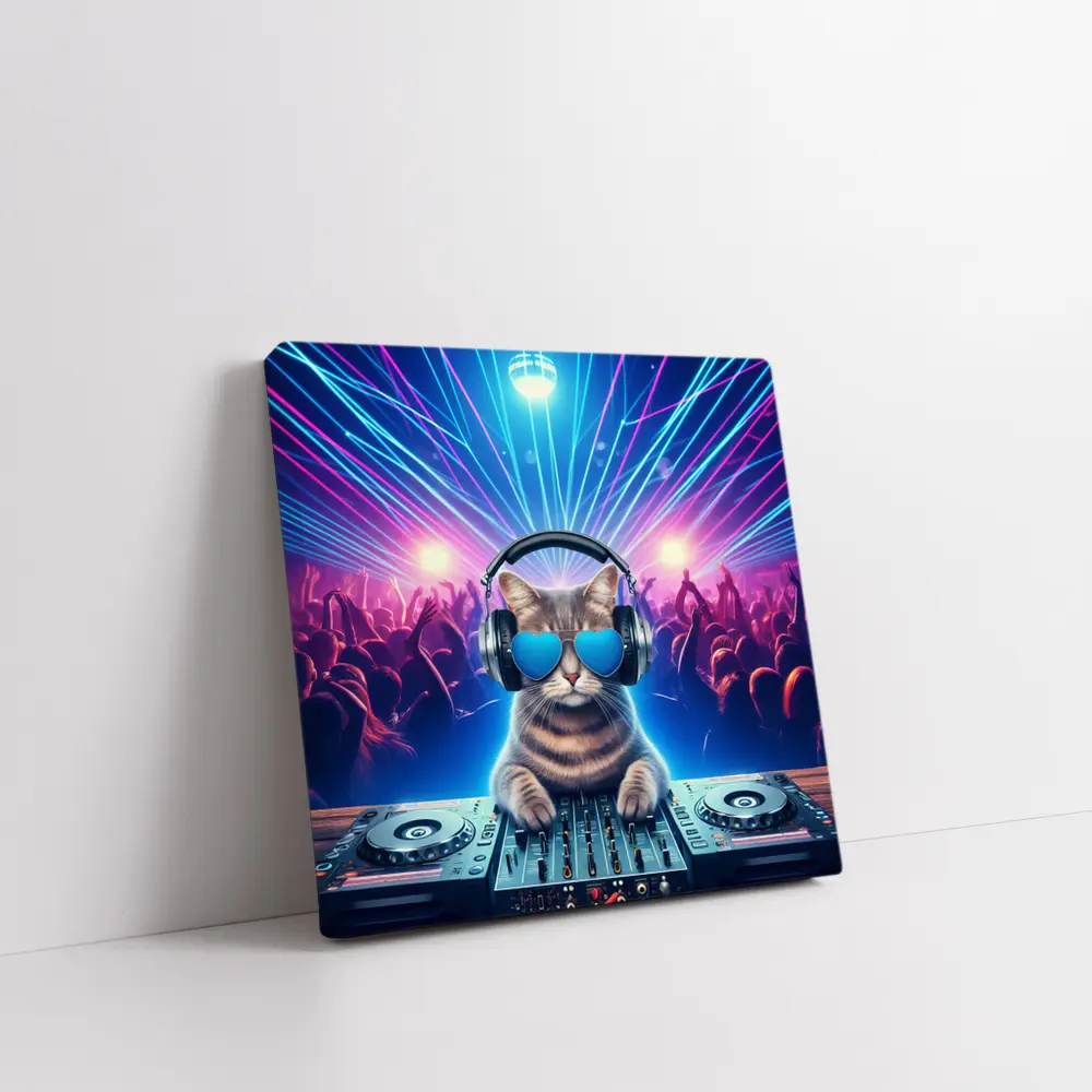 DJ Cat Spinning Decks Disco Party – Wall Art