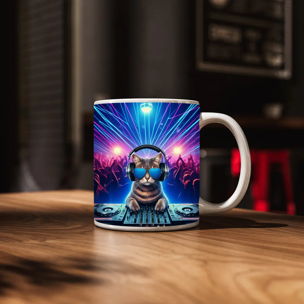 DJ Cat Spinning Decks Disco Party – Mugs