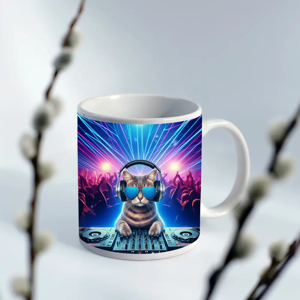 DJ Cat Spinning Decks Disco Party – Mugs