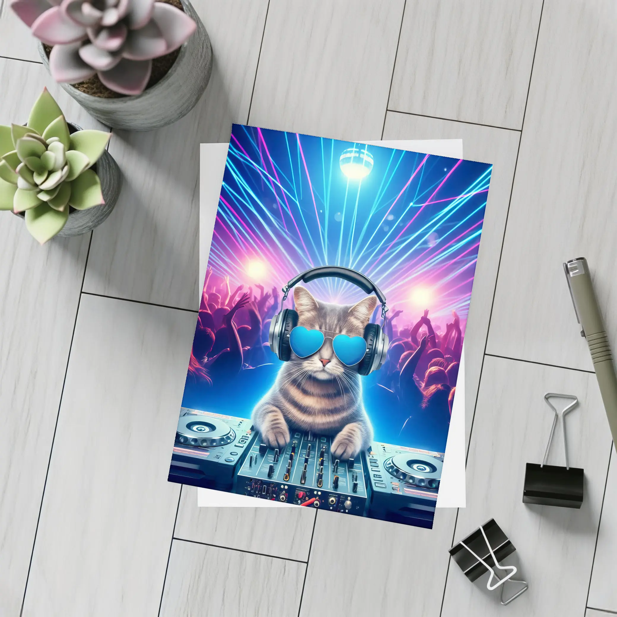 DJ Cat Spinning Decks Disco Party – Postcards