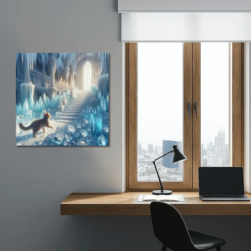 Cat Exploring Frozen Crystal Ice Palace – Wall Art