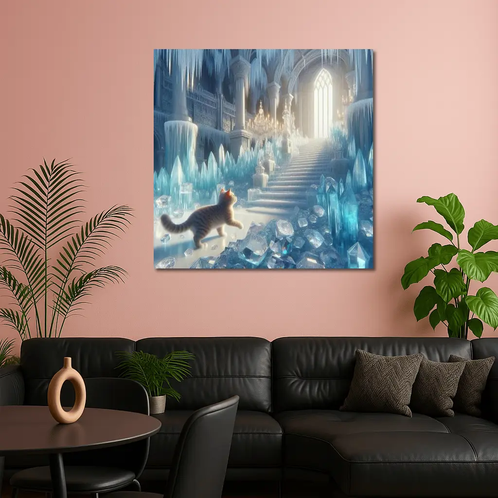 Cat Exploring Frozen Crystal Ice Palace – Wall Art