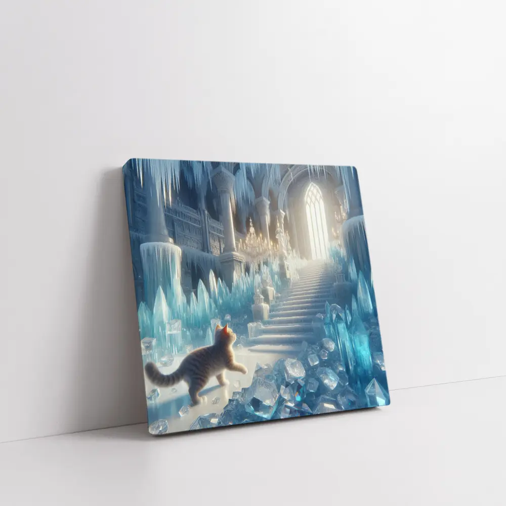 Cat Exploring Frozen Crystal Ice Palace – Wall Art