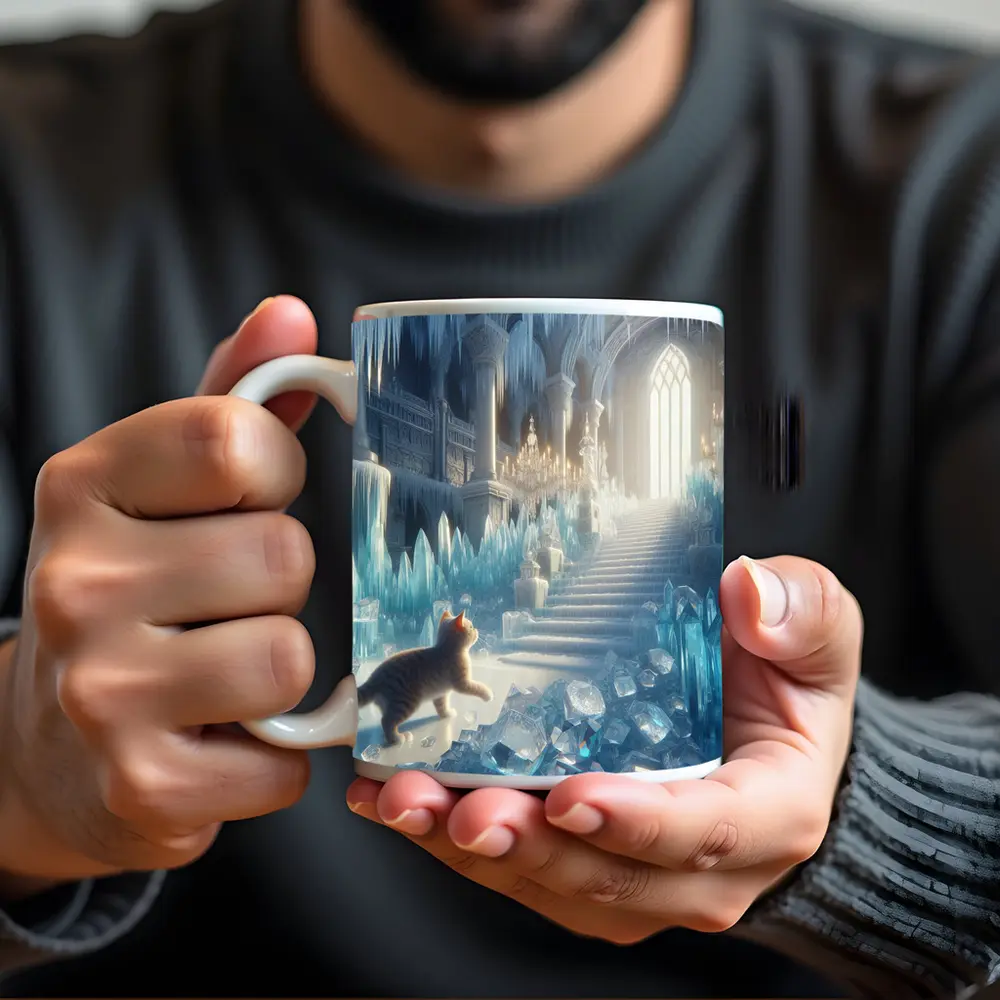 Cat Exploring Frozen Crystal Ice Palace – Mugs