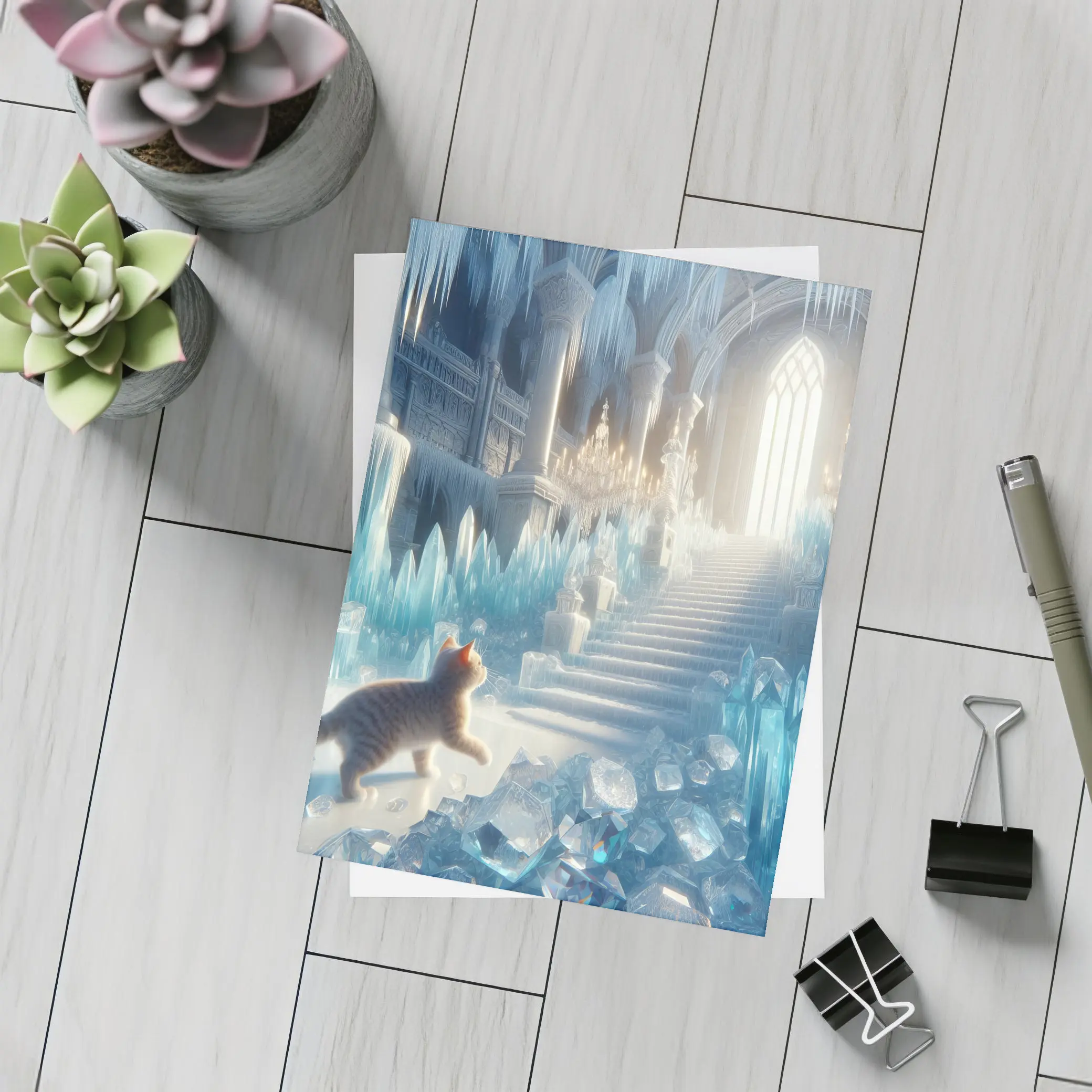 Cat Exploring Frozen Crystal Ice Palace – Postcards