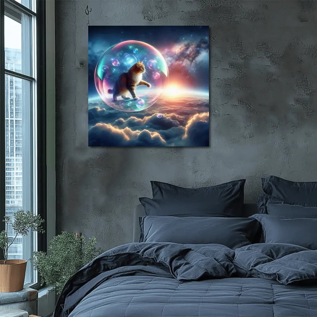 Cat Inside Bubble Floating Above Clouds – Wall Art