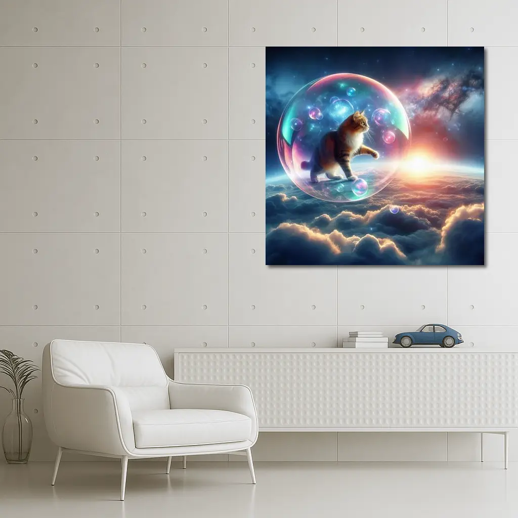 Cat Inside Bubble Floating Above Clouds – Wall Art