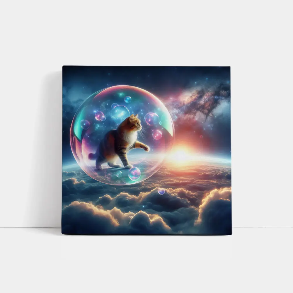 Cat Inside Bubble Floating Above Clouds – Wall Art