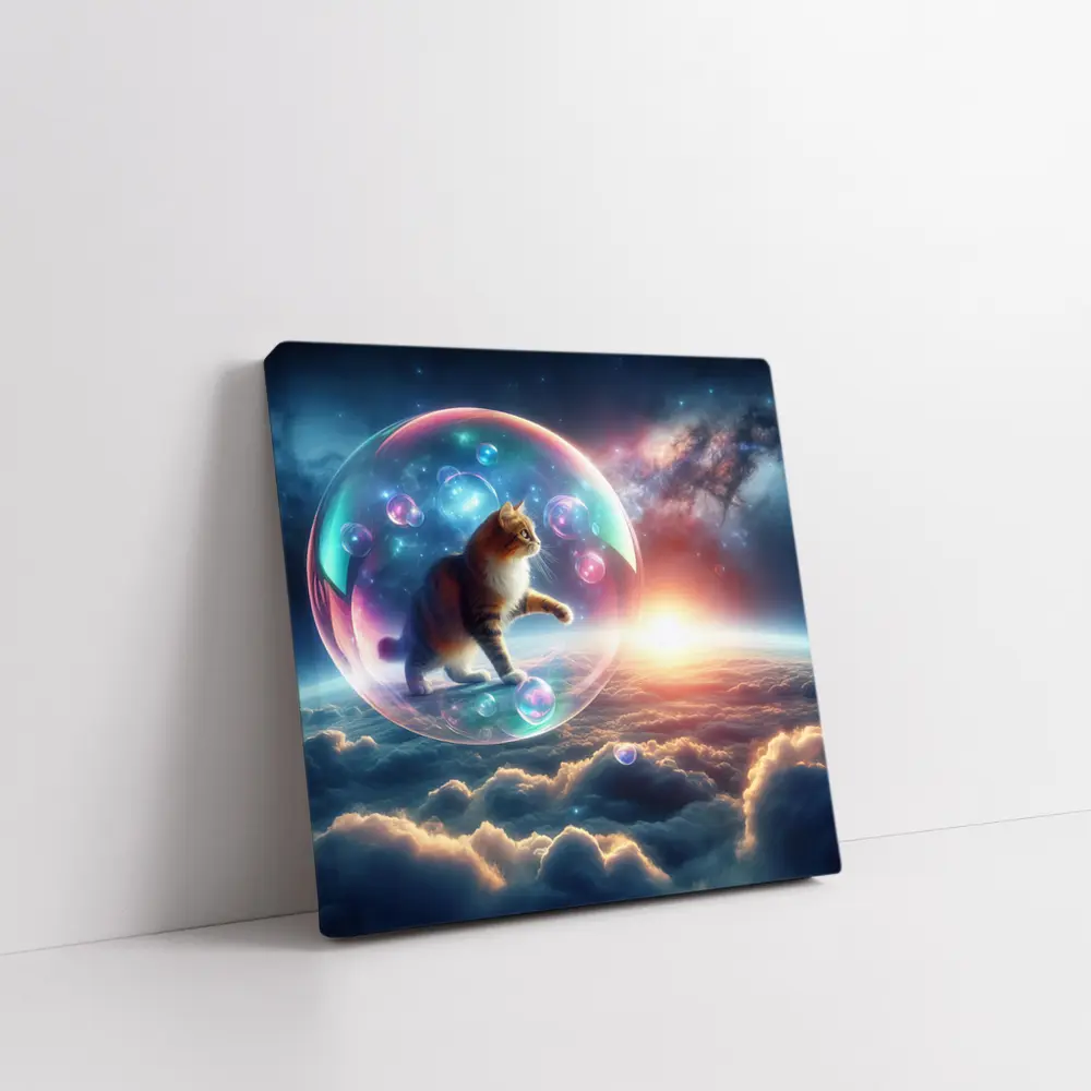 Cat Inside Bubble Floating Above Clouds – Wall Art