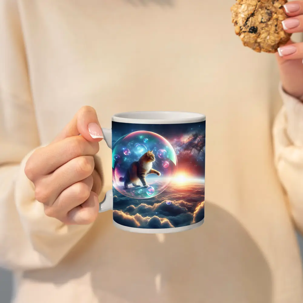 Cat Inside Bubble Floating Above Clouds – Mugs