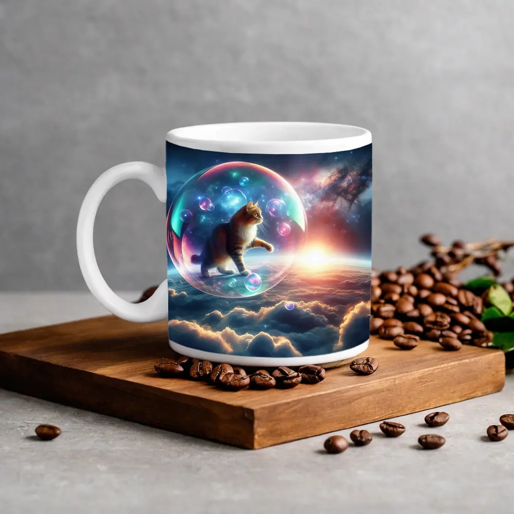 Cat Inside Bubble Floating Above Clouds – Mugs