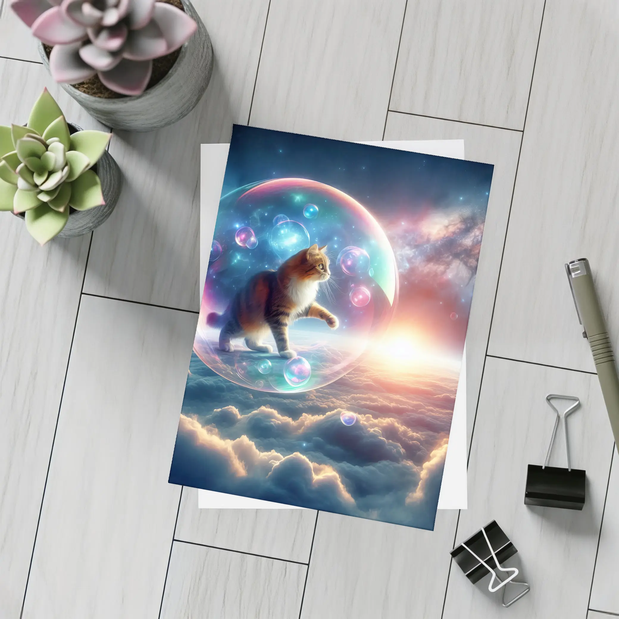 Cat Inside Bubble Floating Above Clouds – Postcards