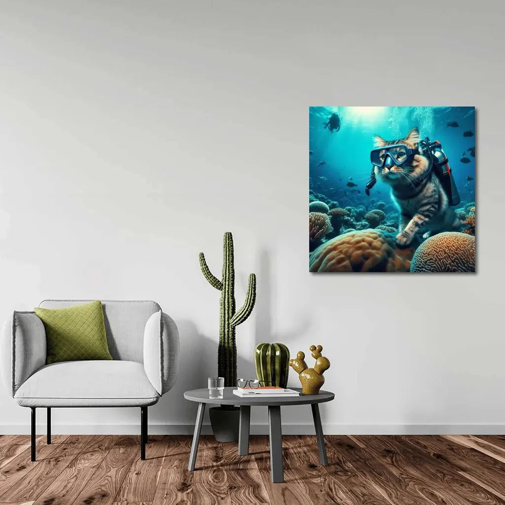 Tabby Cat Scuba Diving Coral Reef Underwater – Wall Art