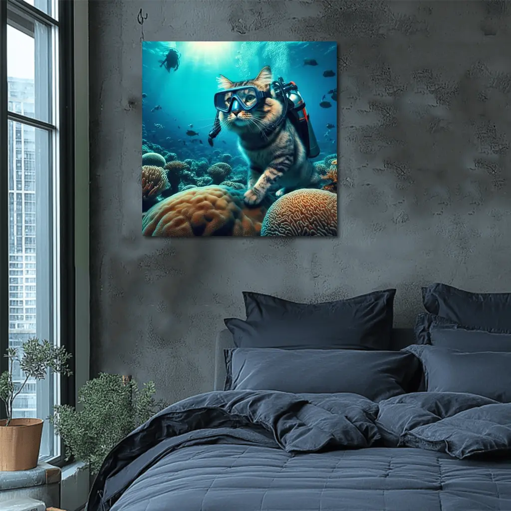 Tabby Cat Scuba Diving Coral Reef Underwater – Wall Art