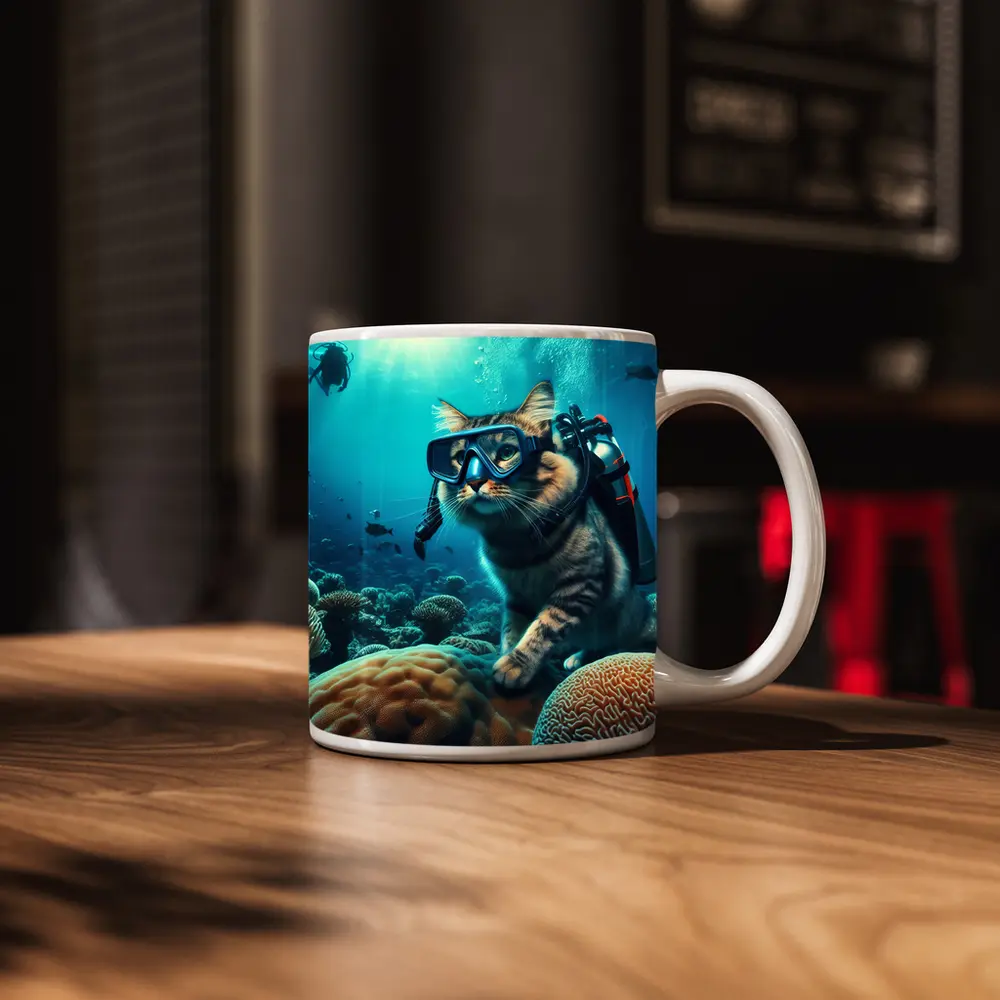 Tabby Cat Scuba Diving Coral Reef Underwater – Mugs