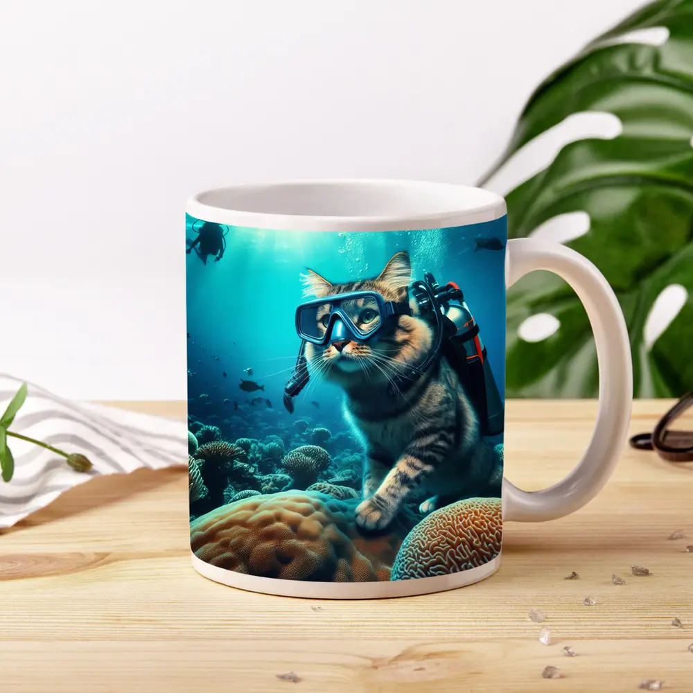 Tabby Cat Scuba Diving Coral Reef Underwater – Mugs