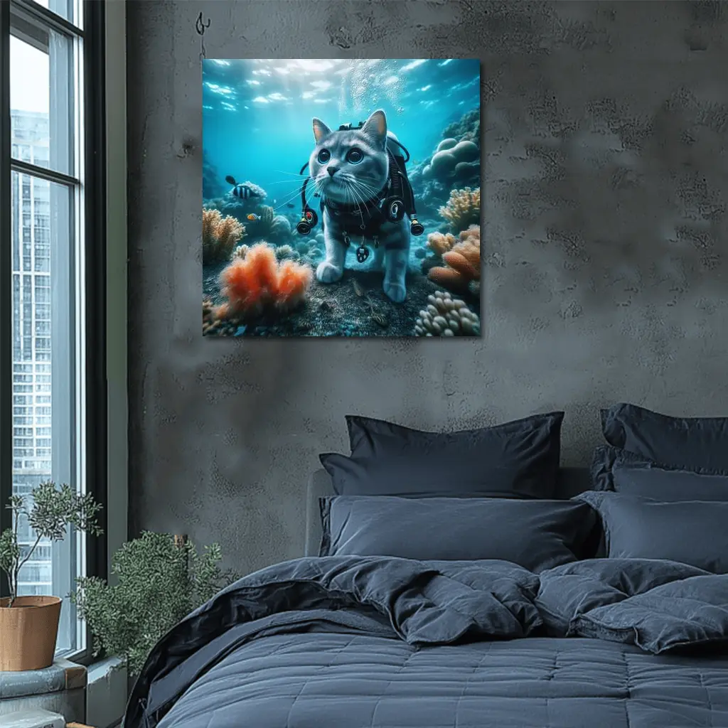 Gray Cat Scuba Diving Underwater Coral Reef – Wall Art