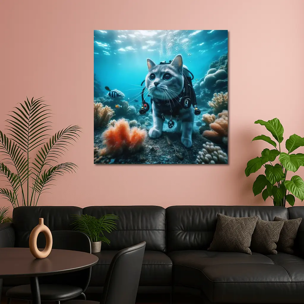 Gray Cat Scuba Diving Underwater Coral Reef – Wall Art