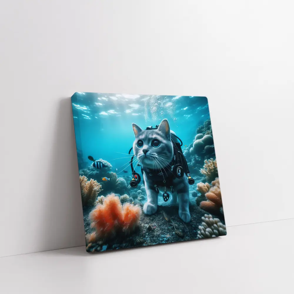 Gray Cat Scuba Diving Underwater Coral Reef – Wall Art