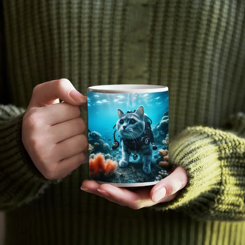 Gray Cat Scuba Diving Underwater Coral Reef – Mugs