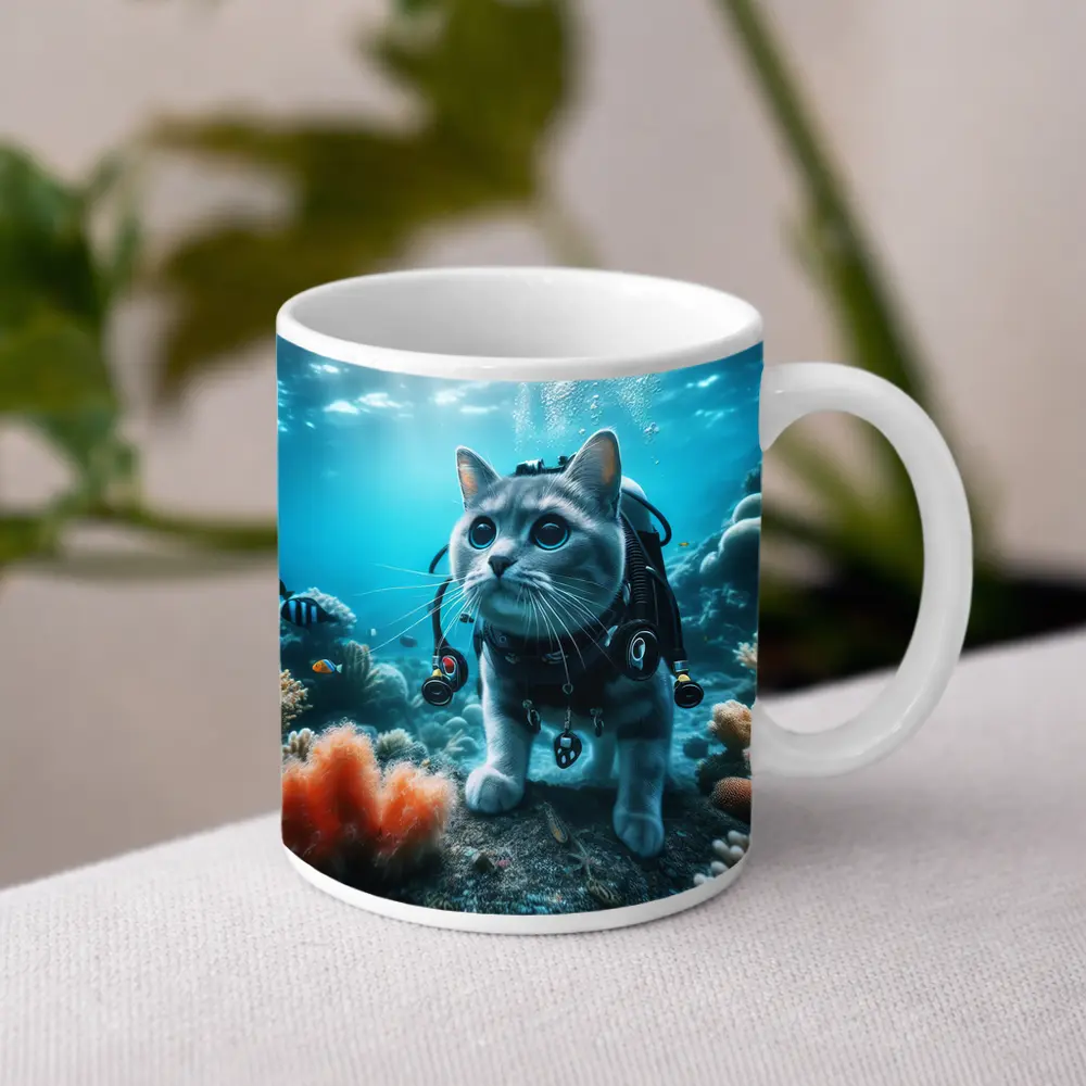 Gray Cat Scuba Diving Underwater Coral Reef – Mugs