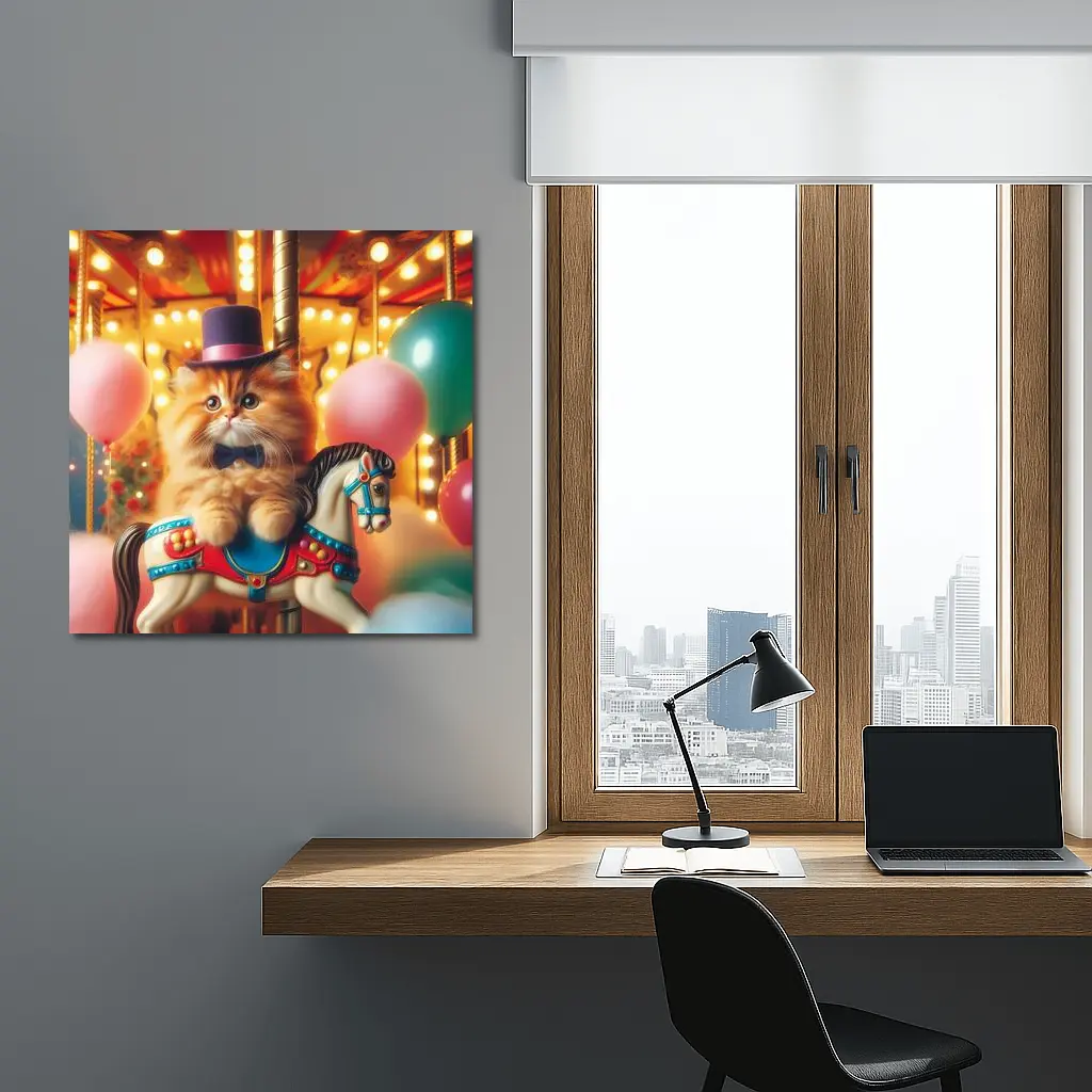 Fluffy Orange Cat Carousel Carnival Scene – Wall Art