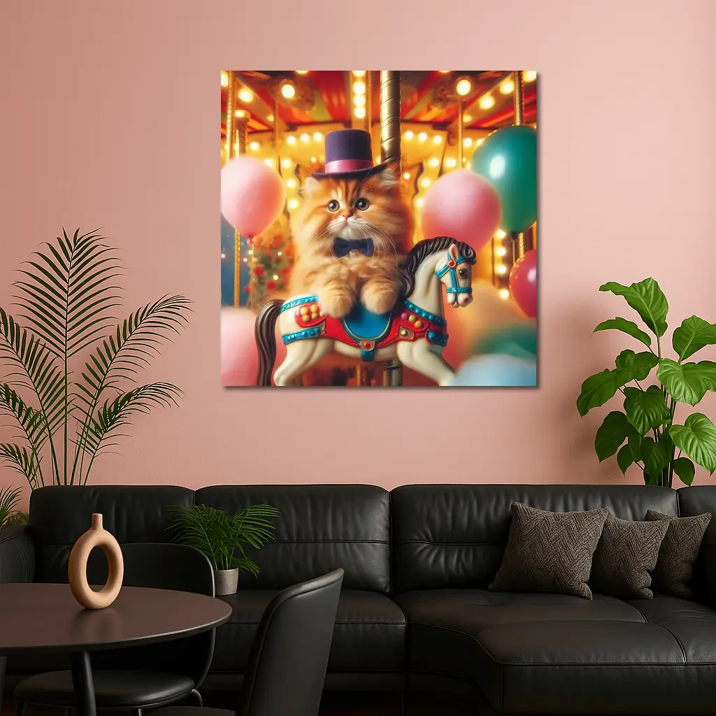 Fluffy Orange Cat Carousel Carnival Scene – Wall Art