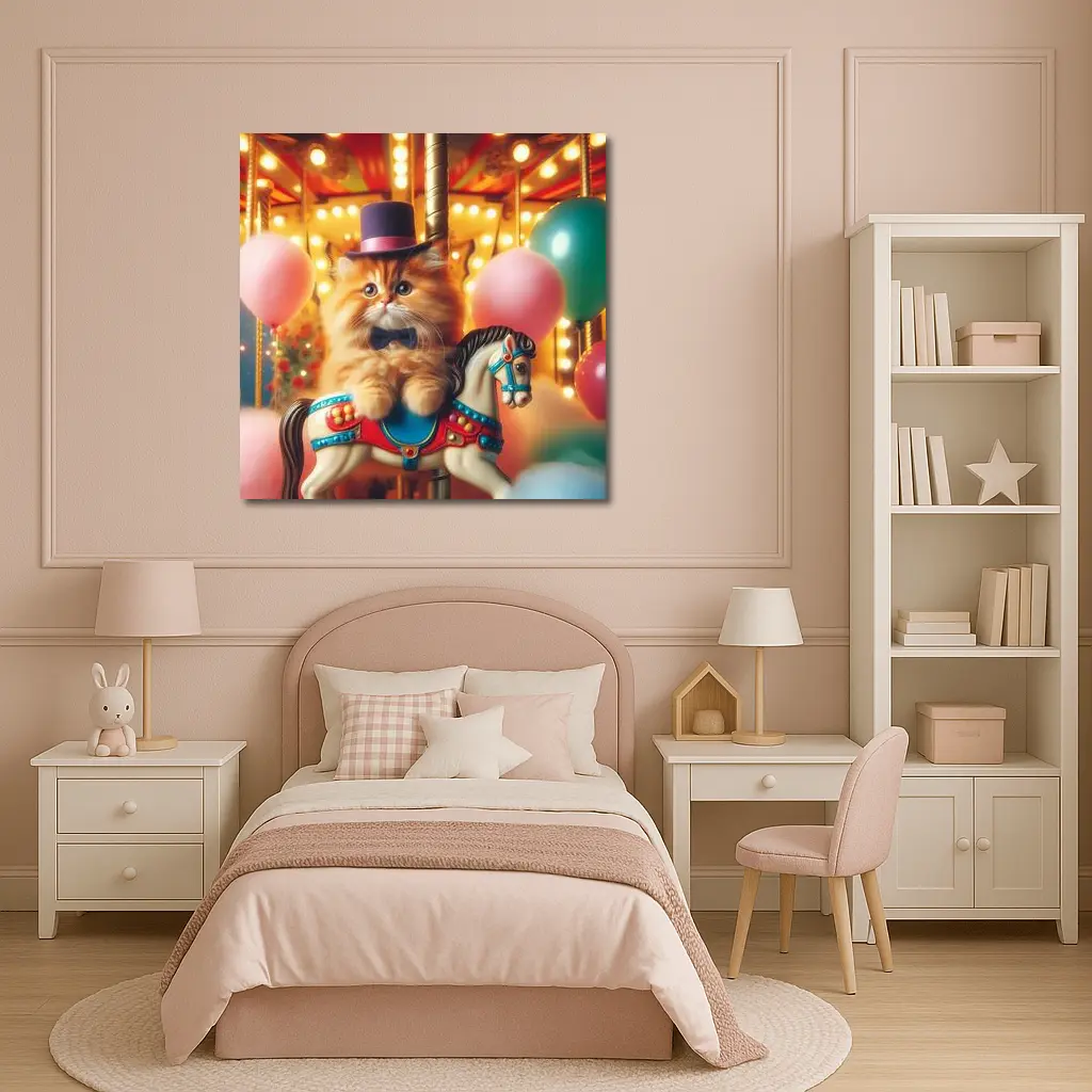 Fluffy Orange Cat Carousel Carnival Scene – Wall Art