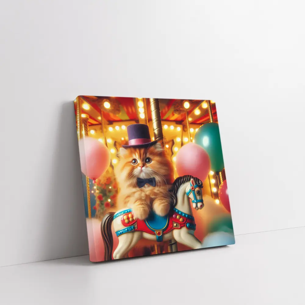 Fluffy Orange Cat Carousel Carnival Scene – Wall Art