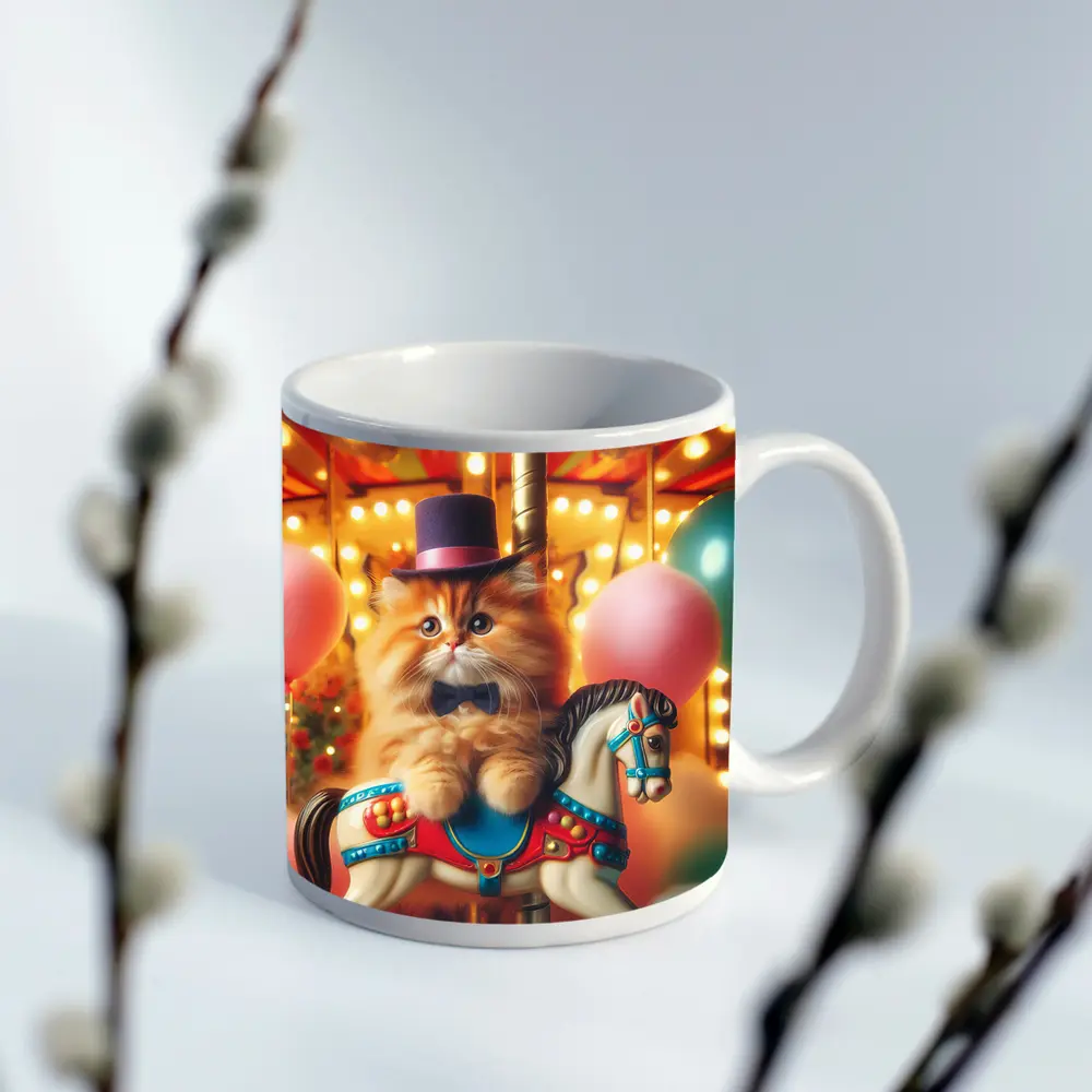 Fluffy Orange Cat Carousel Carnival Scene – Mugs
