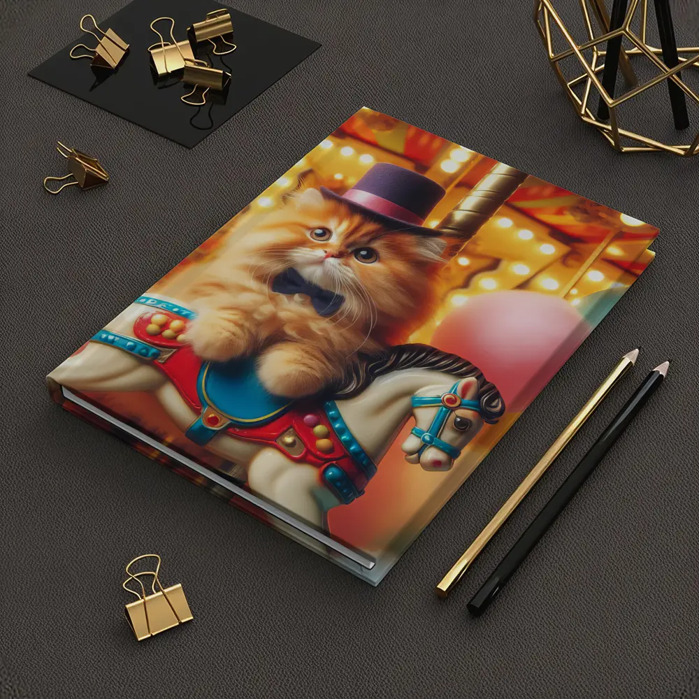 Fluffy Orange Cat Carousel Carnival Scene – Notebooks